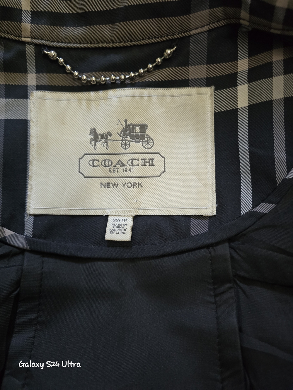 Coach Black Plaid Trench Coat with Gray Stripes - Picture 5 of 6